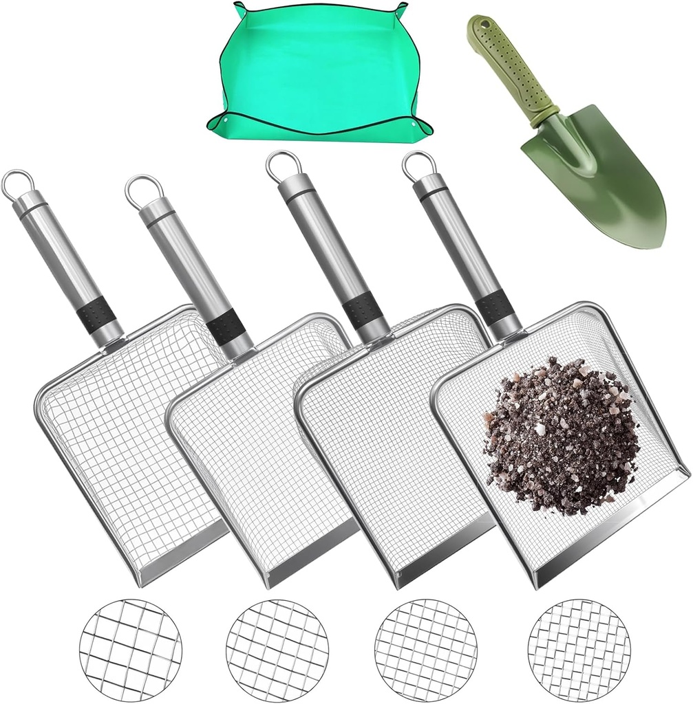 4PS Soil Sifter Gardening Kit (Mesh Sizes: 2mm / 2.8mm / 3.8mm / 5mm) - Upgraded Wide Soil Sieve Kit, Stainless Steel Sifter Suitable for Sand, Dirt, and Compost - Perfect for Gardening.