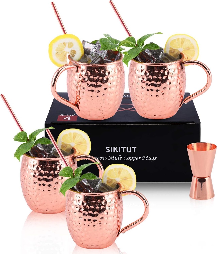 Moscow Mule Copper Mugs Set of 4, HANDCRAFTED Cups, 18 oz Gift Set with BONUS: 4 Cocktail Copper Straws and 1 Jigger, Rose Gold
