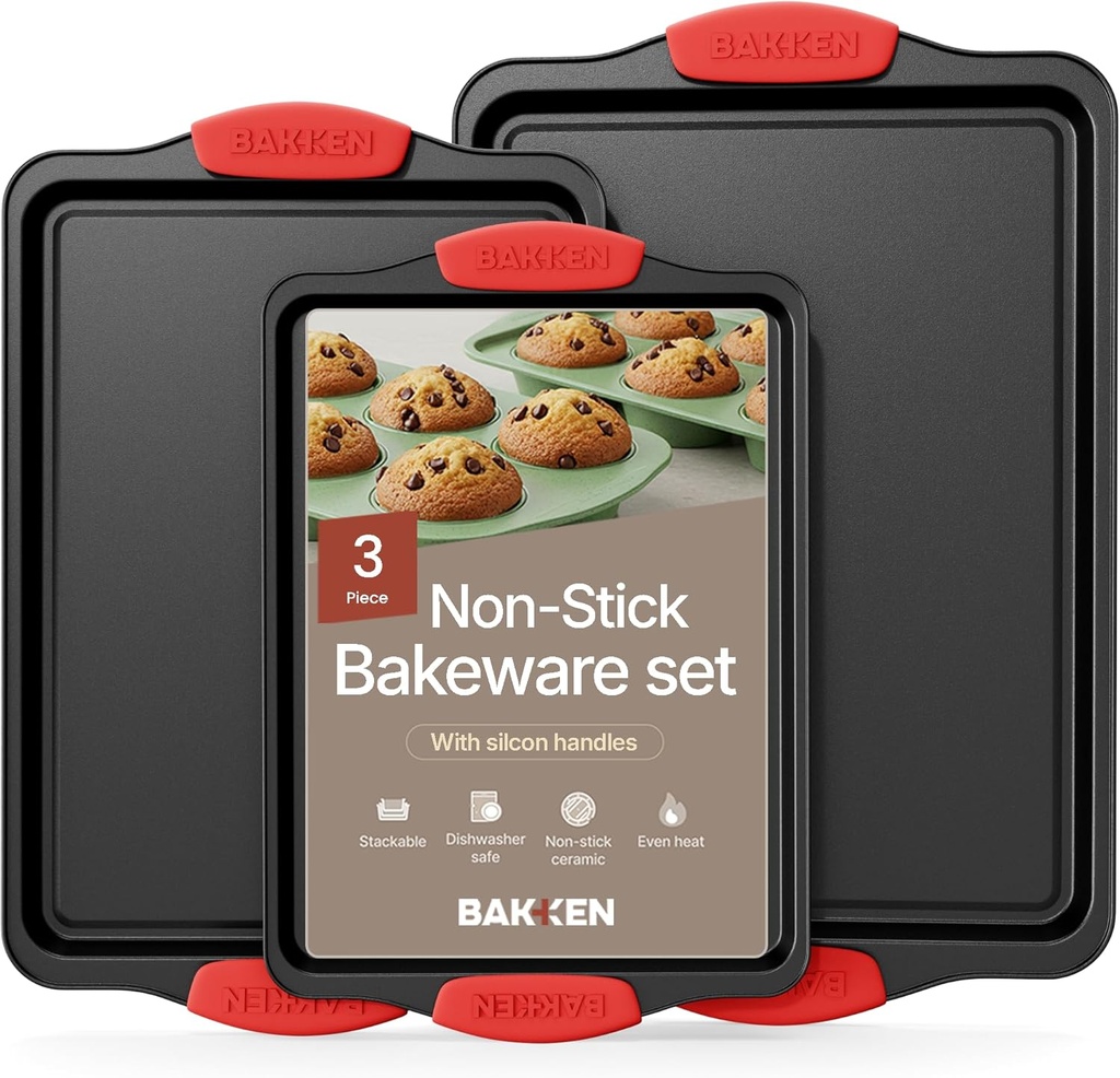 Baking Pan Set – 3 Piece Cookie Sheet – Deluxe Black Non-Stick Carbon Steel – Silicone Handles – Commercial Grade Restaurant Quality – PFOA PFOS and PTFE Free by Bakken