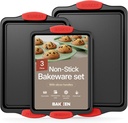 Baking Pan Set – 3 Piece Cookie Sheet – Deluxe Black Non-Stick Carbon Steel – Silicone Handles – Commercial Grade Restaurant Quality – PFOA PFOS and PTFE Free by Bakken