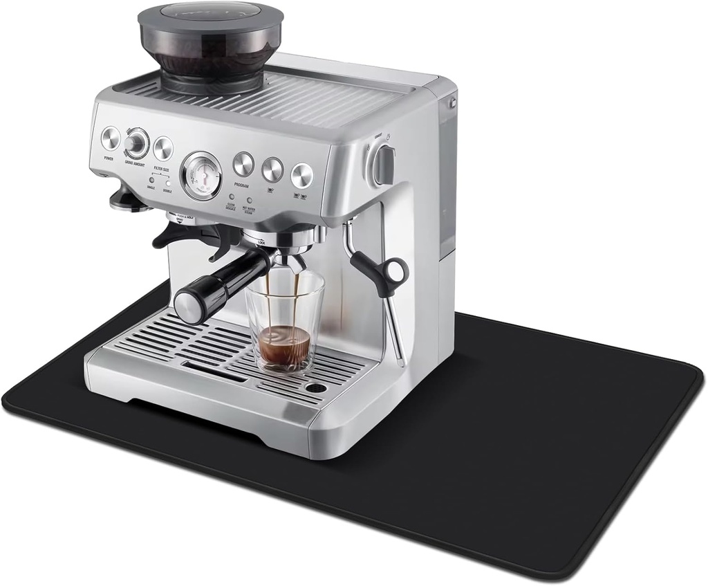 Waterproof Coffee Mat, 23.6 x 15.7 Inch Espresso Machine Bar Accessories, with Hide Stain Rubber Backed, Dish Drying Mat with Easy Clean Surface for Kitchen Counters, Black