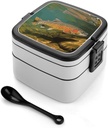 Brook Trout Fly Fishing Bento Box Double-Layer Bento Lunch Container with Spoon And Invisible Handle Adult Leak-Proof Lunchbox for Dining Out Work Picnics Travel