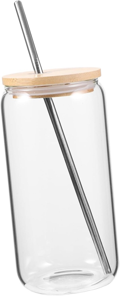 Glass Juice Cup Bamboo Lid Straw Elegant Design Leakproof for Coffee Milk Yogurt