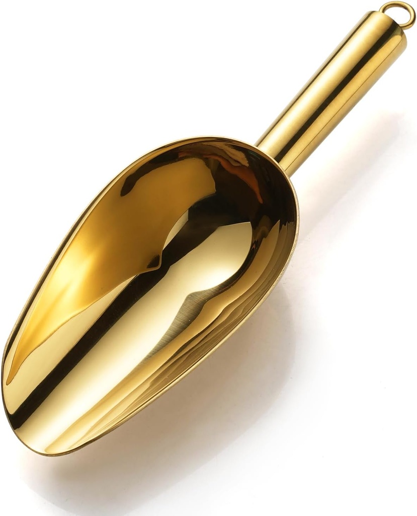 Stainless Steel Gold Ice Scoop 6 OZ, Titanium Golden Plating Ice Scooper For Ice Maker, Multipurpose For Candy Wedding Kitchen Bar Party, Pet Animal Dog Food Scoop Beach Shovel (Hung)