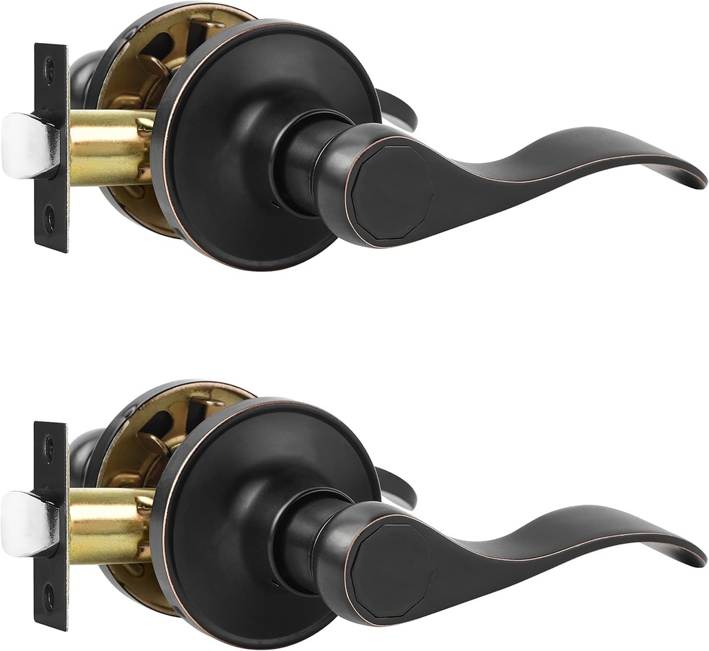 Leydebong 2 Pack Oil Rubbed Bronze Wave Handle, Keyless Passage Door Hardware Knob Lever, Reversible for Left and Right Handed Door, Non-Locking Lever Set for Corridor/Hall/Closet/Wardrobe