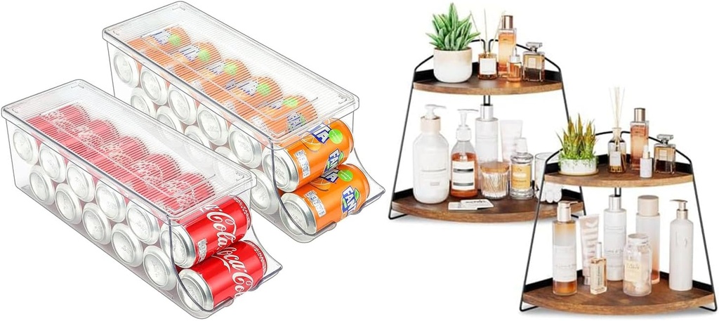 Puricon 2 Pack Soda Can Organizer Dispenser for Refrigerator Bundle with Corner Bathroom Counter Organizer(2 Pack Brown)