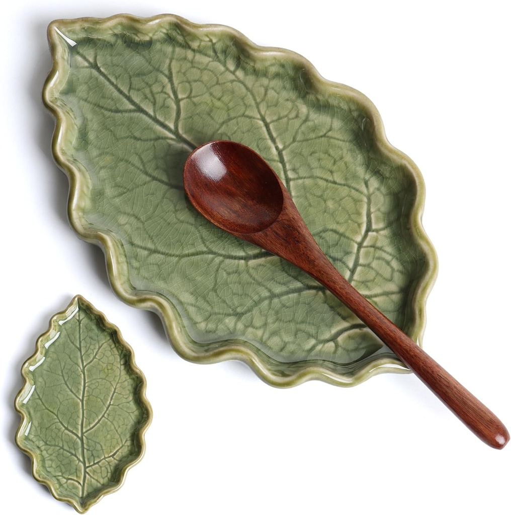 Ceramic Spoon Rest for Stove Top - Cute Green Leaf Shaped Spoon Rest/Spoon Holder for Kitchen Countertop - Cooking Kitchen Spoon Rest Utensil Rest Spatula Rest (Green)
