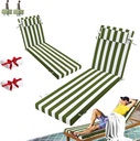 Outdoor Chaise Lounge Cushion, Waterproof Lounge Chair Cushions, 3 in High-Density Sponge Patio Furniture Chaise Replacement Cushions with Headres for Lawn Pool (Grass Green White Stripes, 2PCS)