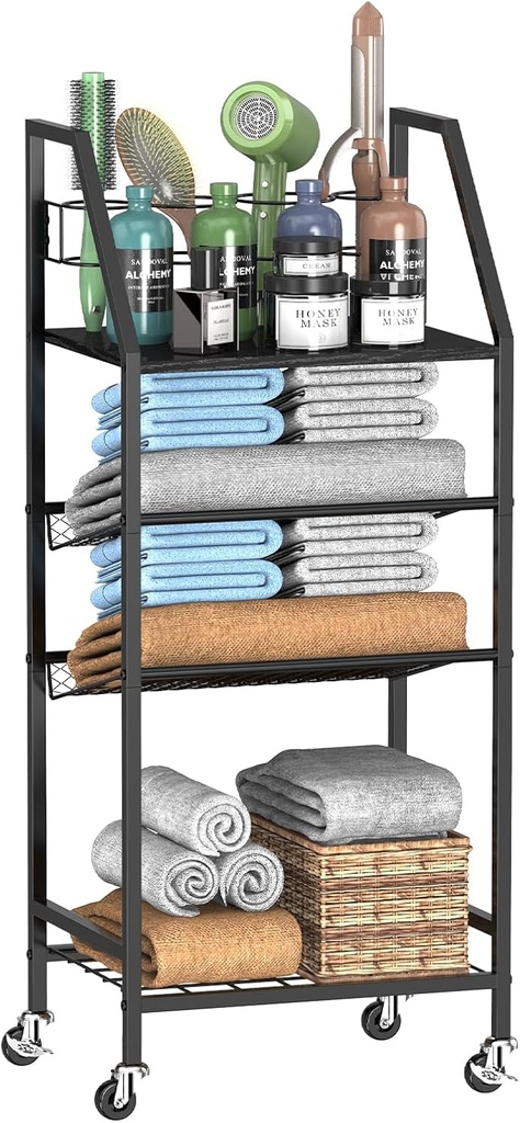 4-Tier Towel Rack Free Standing with Hair Tool Organizer, Durable Metal Towel Holder for Bathroom, Pool Towel Rack, Space-Saving Storage Organizer, Bath Shelf with Wheels, Black