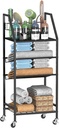 4-Tier Towel Rack Free Standing with Hair Tool Organizer, Durable Metal Towel Holder for Bathroom, Pool Towel Rack, Space-Saving Storage Organizer, Bath Shelf with Wheels, Black