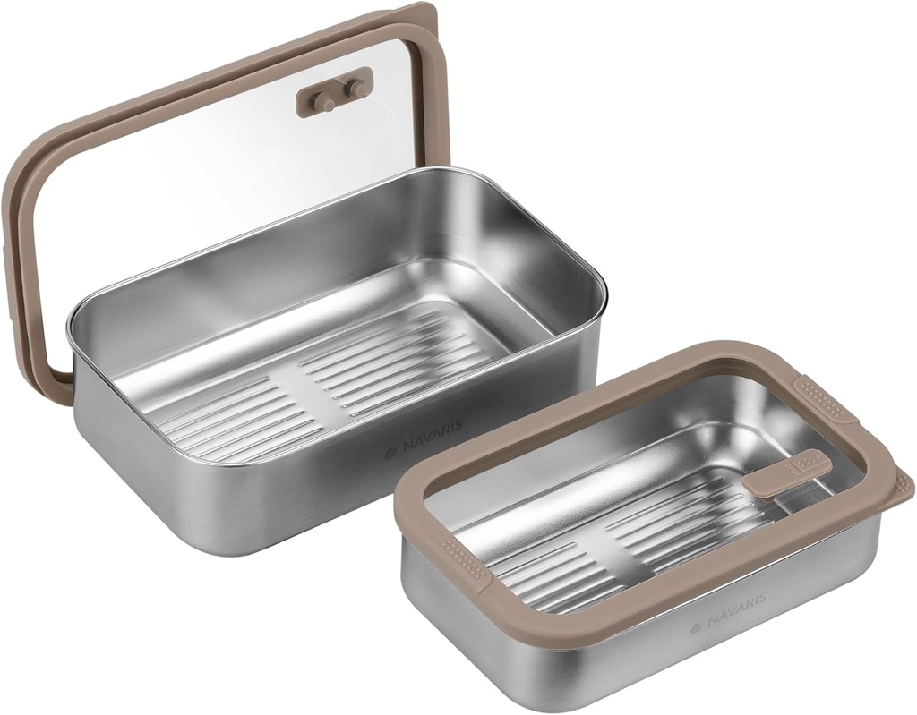 Navaris Microwave-Safe Steel Lunch Box - Microwavable & Reusable Stainless Steel Bento Box - Light & Durable - Lunch or Snack Container Bento Box and Food Storage - Set of 2 Brown