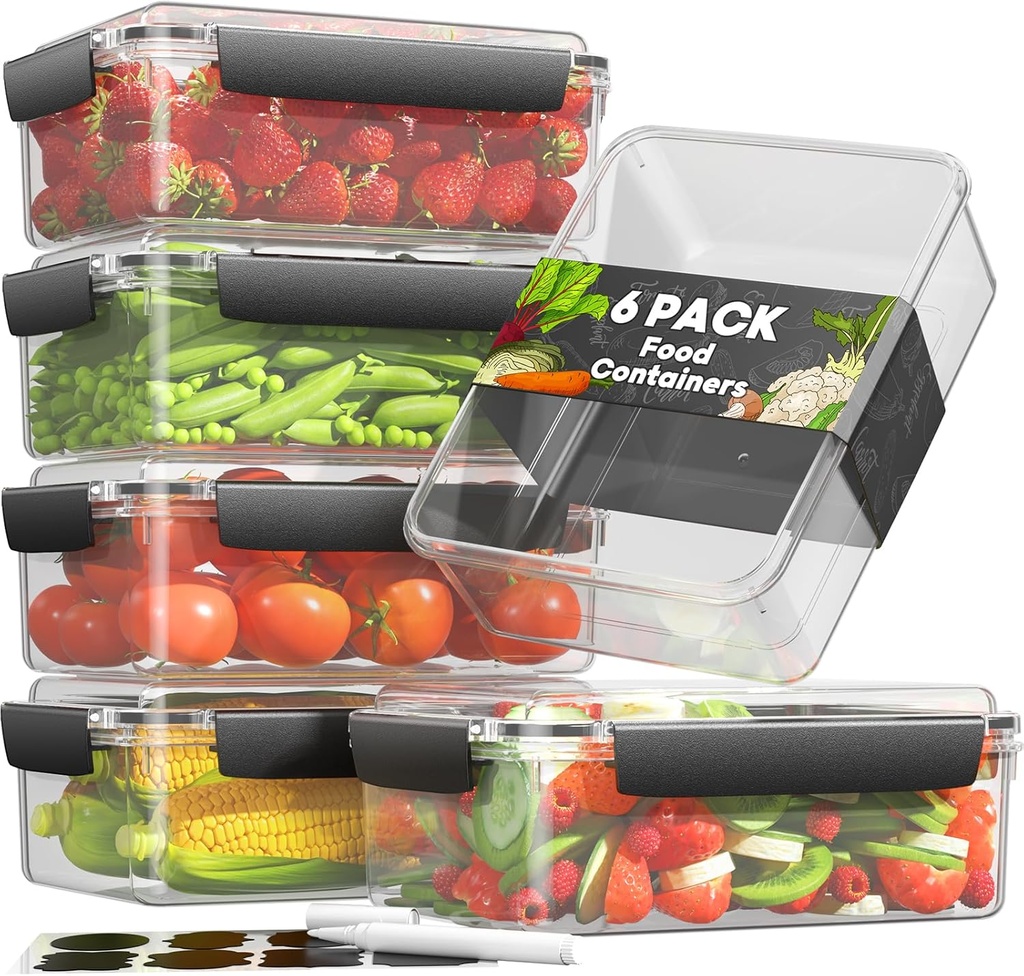7 Cup Food Storage Containers with Lids, 6 Pack Plastic Food Containers, BPA Free Meal Prep Containers Reusable, Freezer Microwave Dishwasher Safe, Includes Labels & Pen