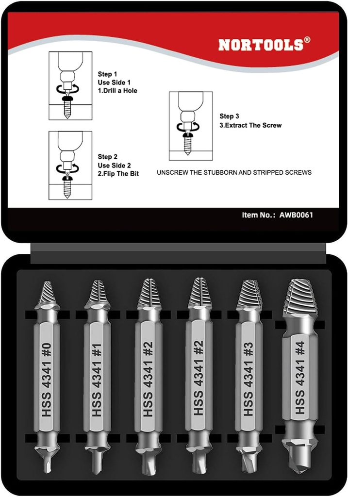 NORTOOLS Damaged Screw Extractor Set，6pcs Stripped Screws Nuts Bolts for Removing Rusted and Damaged Hardware, Nuts and Bolts, Drill Bit Tools