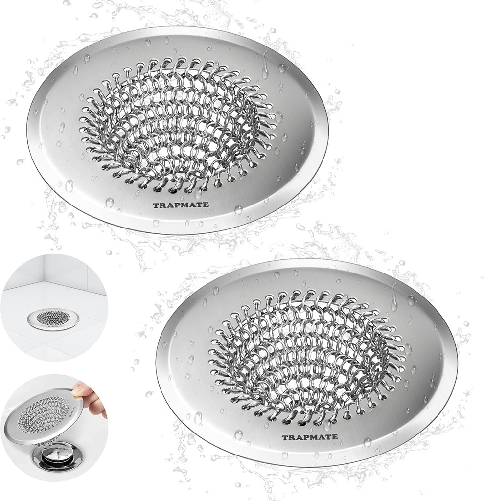 TRAPMATE 2 Pack Bathroom Sink Drain Strainer, 4.4" Fast Drainage Shower Drain Hair Catcher, Anti-Slip Bathtub Drain Hair Catcher, Stainless Steel Shower Drain Cover for Tub, Sink (Patented Product)