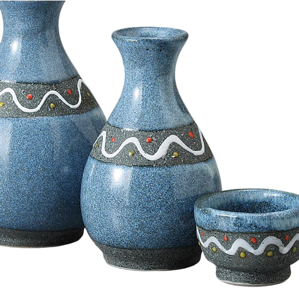 Ale-net Sake Set Tokuri Ochoko Set 3.3 x 5.3 inches (8.5 x 13.5 cm), Approx. 13.4 fl oz (340 cc), Blue Glaze Wave No. 2 Tokuri & Guinomi (2 Pieces) Set, Pottery, Mino Ware