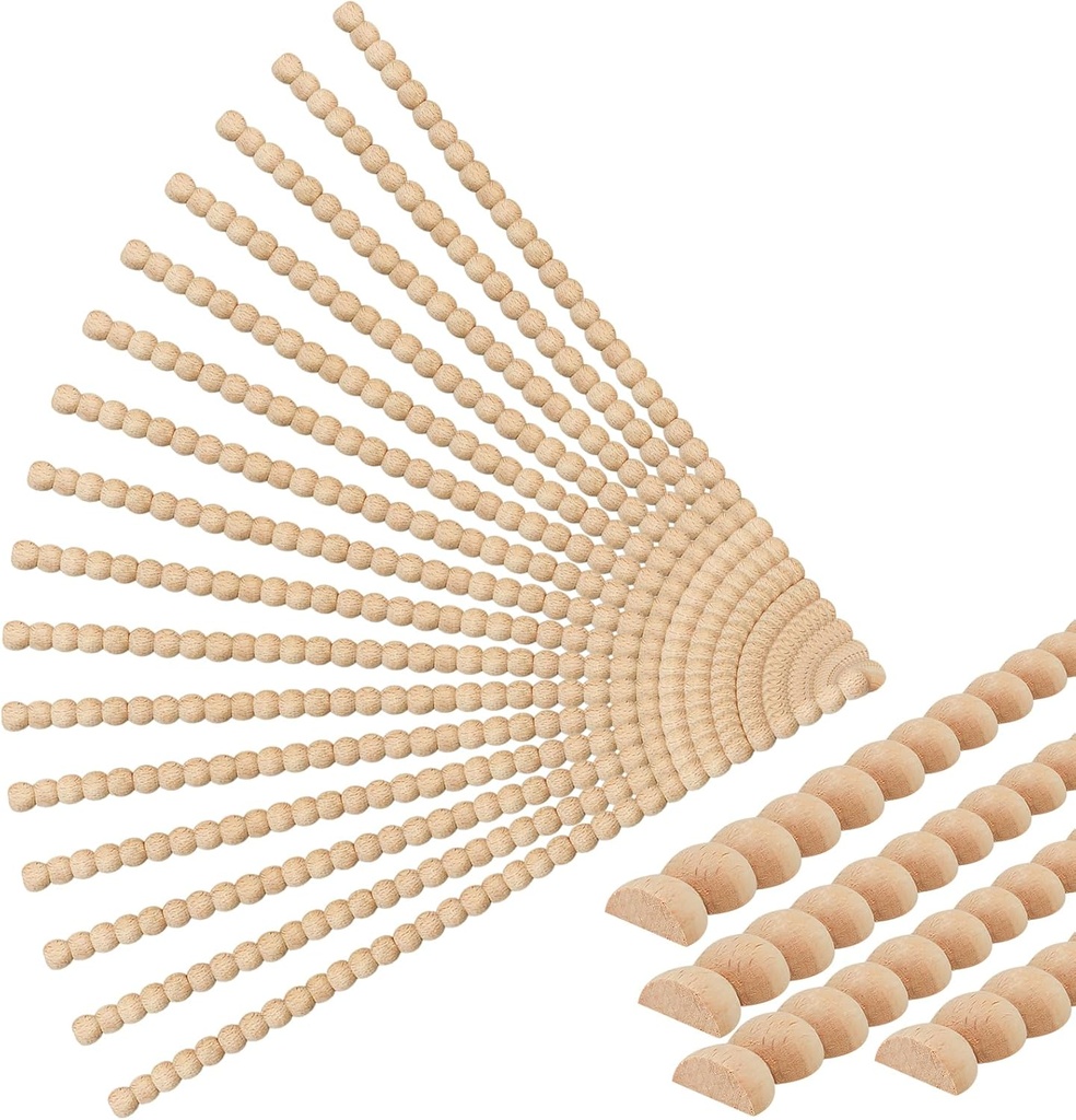 16 Pcs Half Round Wooden Beaded Molding Sticks - 15.75inch Unfinished 3D Decorative Wood Trims Molding Half Beaded Wood Trim for DIY Home Decor, Cabinets, Walls, Doors, Shelves, Cute Craft Trim