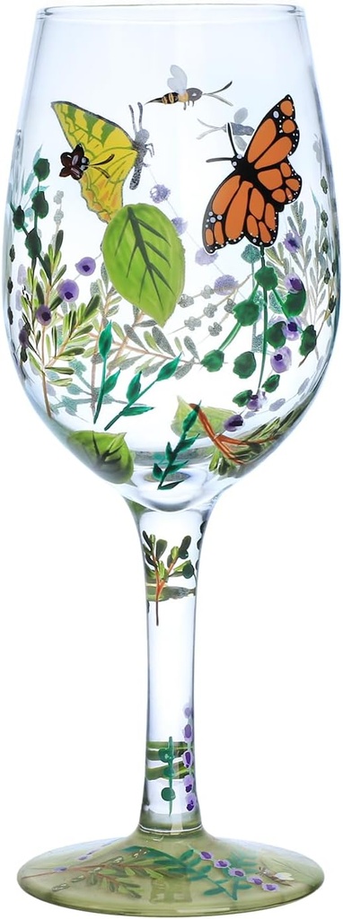 CHOOLD Hand-Painted Jungle Butterflies Bees Green Leaves and Flowers Wine Glass,Premium Glasses Goblet Cocktails Glasses for Wife Party Housewarming-15oz