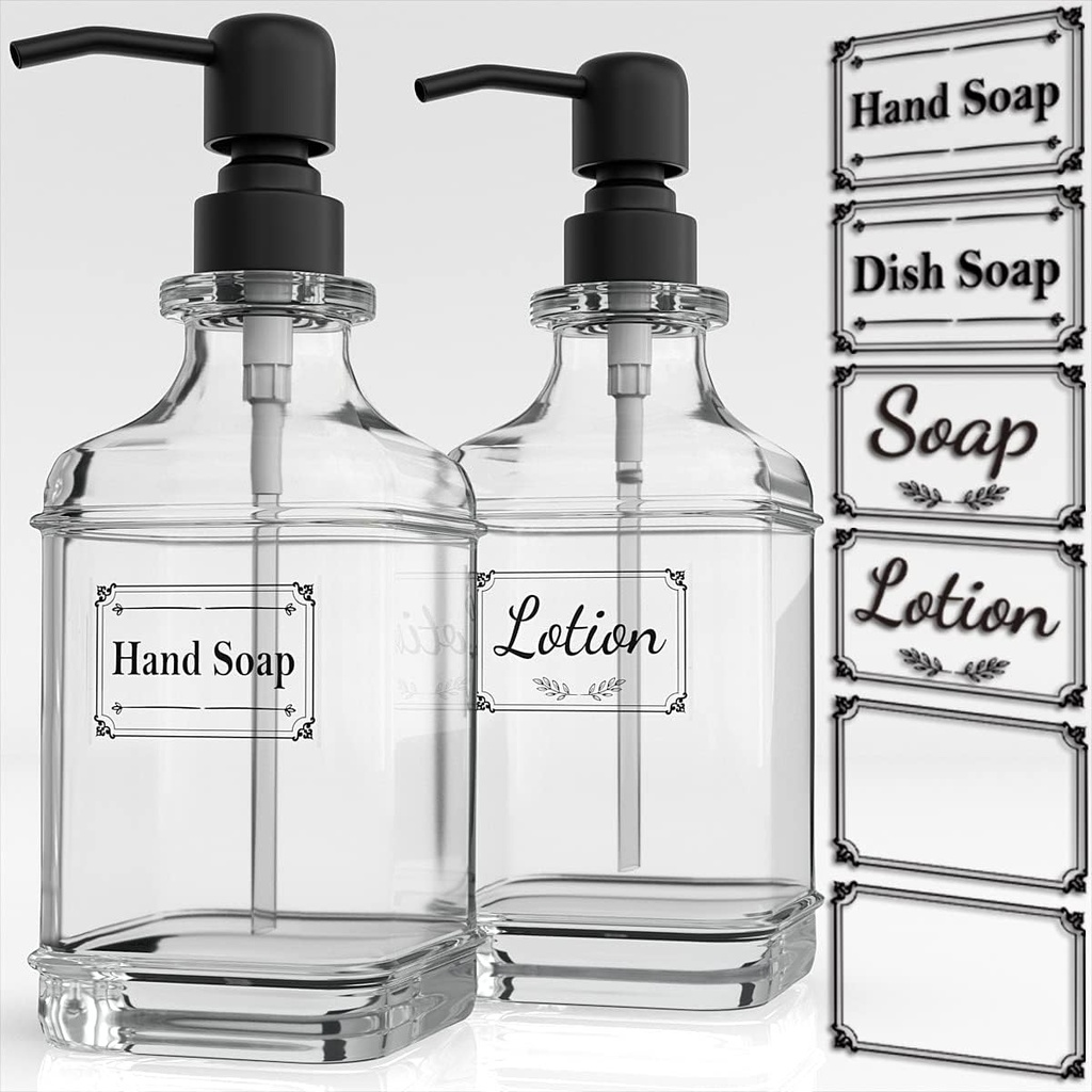 GLADPURE 2 Pack Soap Dispenser, 18 Oz Antique Design Thick Glass Hand Dispensers; with 304 Rust Proof Stainless Steel Pump, 6Pcs Clear Stickers, for Kitchen, Bathroom- Black
