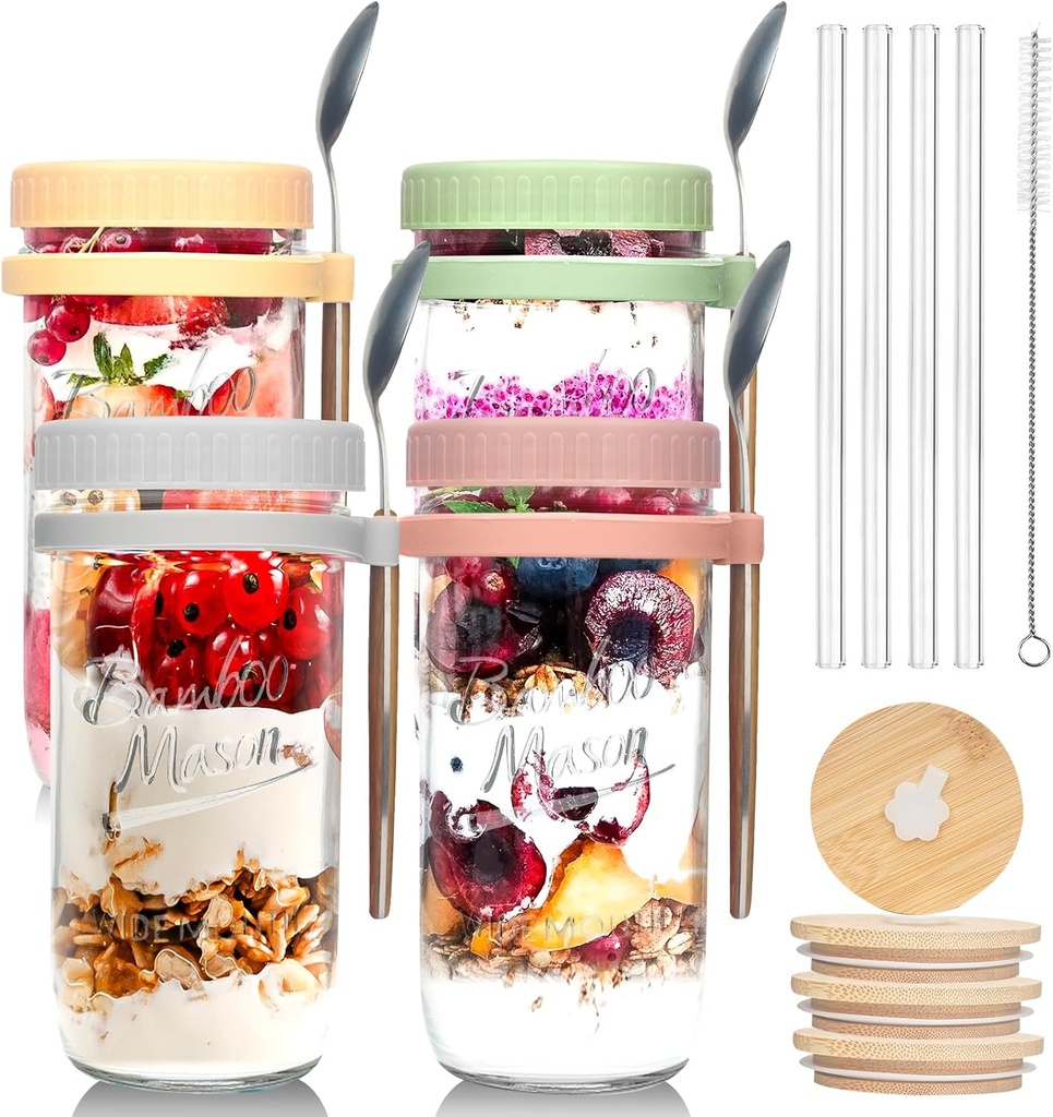 ANOTION Overnight Oats Containers with Lids and Spoons - 4 Pack Mason Jars 24 oz with Lids and Straws - Airtight Glass Meal Prep Containers for Oats Overnight, To Go Yogurt Oatmeal Cereal Pudding Cups