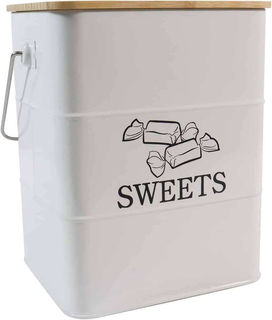 Candy Jar for Kitchen Counter, White Metal Candy Can Candy Tin with Airtight Bamboo Lid & Portable Handles, Candy Buffet, Party Table - Food Storage Canisters for Candies, Cookies, Sugar Cubes,
