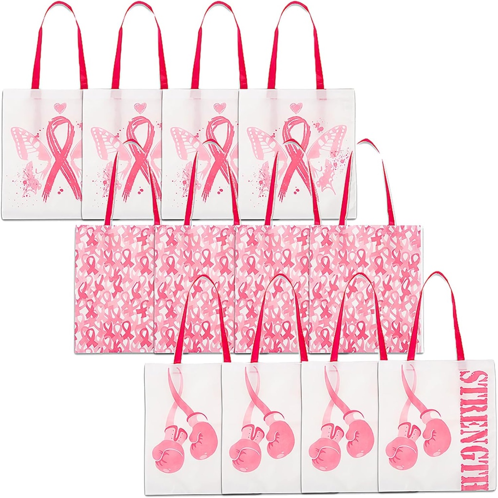 Fun Express Large Pink Ribbon Reusable Tote Bags (set of 12) Breast Cancer Awareness Supplies, 12" x 17" Tote