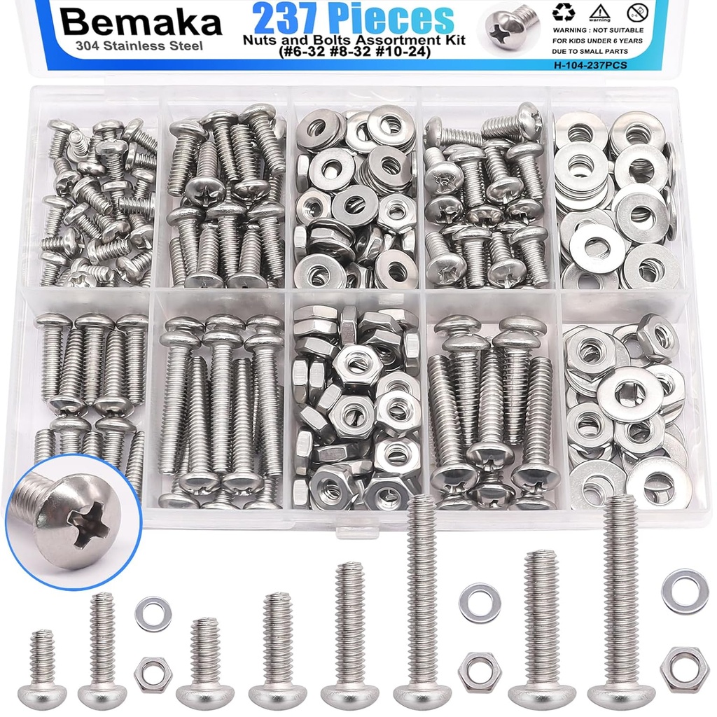 Nuts and Bolts Assortment Kit, 304 Stainless Steel Bolts 8 Sizes #6-32#8-32#10-24 Phillips Pan Head Machine Screws, Assorted Bolts, Nuts and Washers Kit (237PCS)