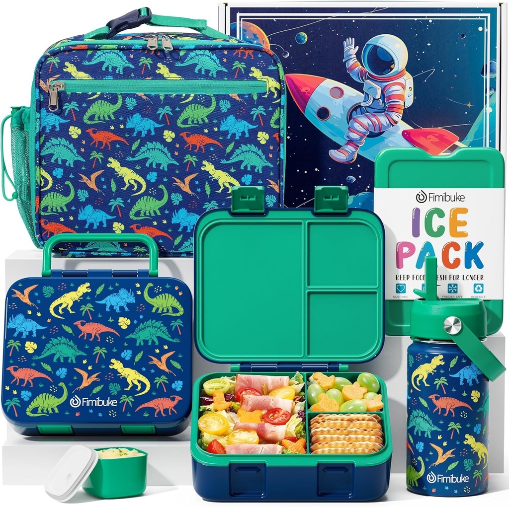 Fimibuke Bento Lunch Box for Kids - Toddler Snack Bento Box Container with 3 Compartments, Stainless Steel Water Bottle, Insulated Lunch Bag, Ice Pack Set for Ages 3-12 Girl Boy Daycare Back to School