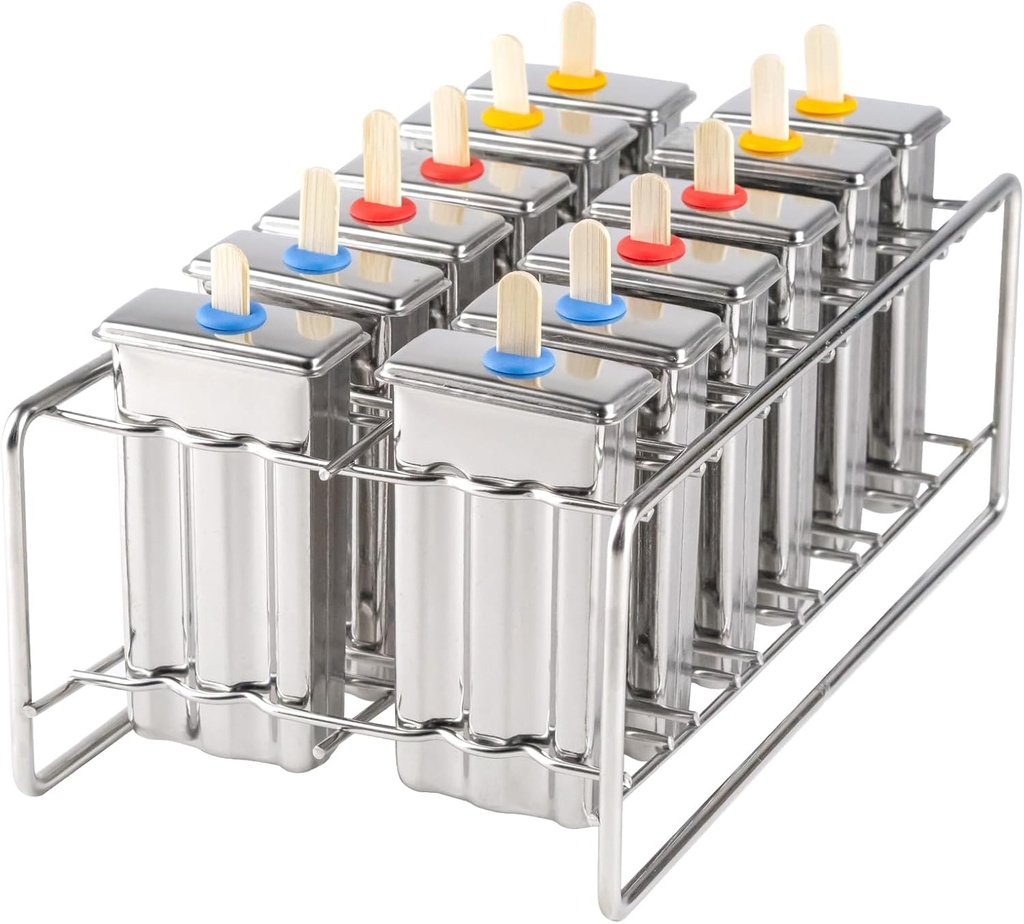 Stainless Steel Popsicle Molds, Set of 12 Ice Cream Maker, Ice Pop Molds With Holder, Metal Reusable Homemade Popsicle Molds with Sticks and Bags (Flat Head, with Slot)