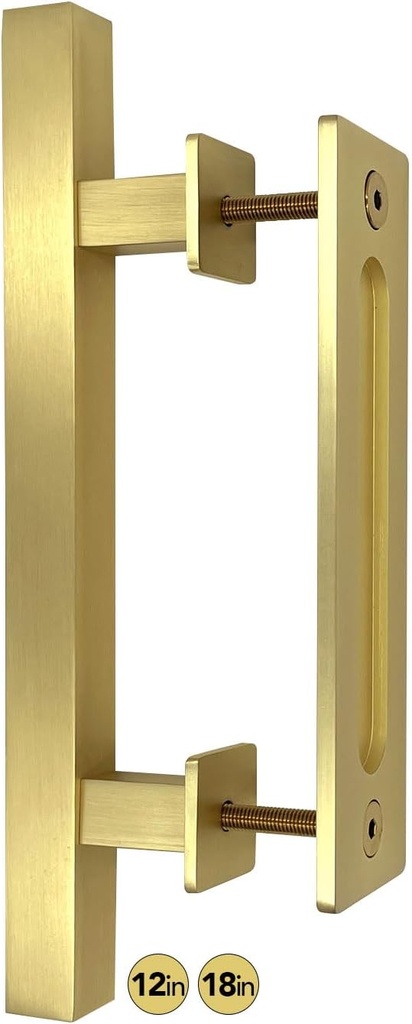 Rio Salto 12-Inch Brushed Brass Vintage Gold Barn Door Handle Kit Closet Door Handle Stainless Steel Pull Handle Flush Handle Set Large Sliding Door Handles (1-Pack, 12")