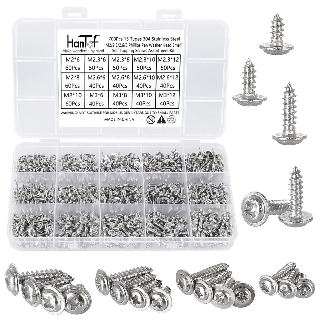 700Pcs Tiny Phillips Pan Head with Washer Self Tapping Screws, 304 Stainless Steel, Small/Mini M2 M2.3 M2.6 M3 Wood Screws, Micro Sheet Metal Screws Assortment Kit for Eletronic and Toy Repair