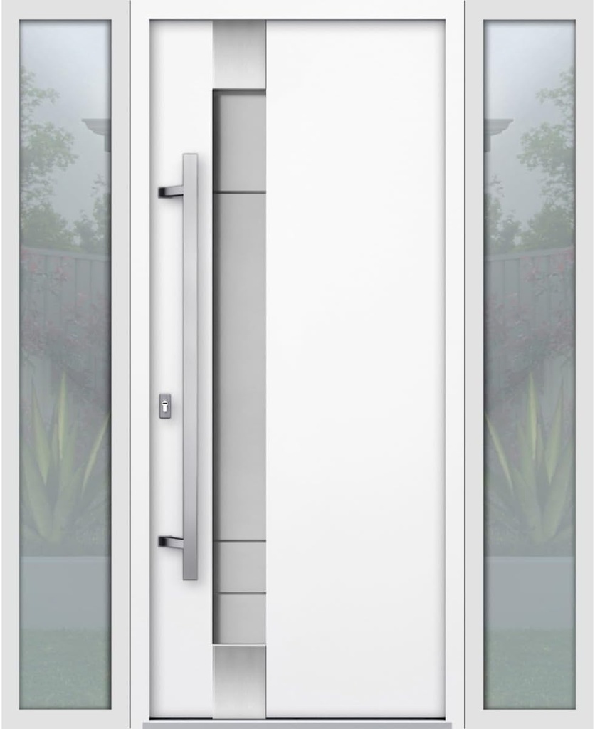 VDOMDOORS Front Exterior Prehung Steel Door/Deux 1713 White Enamel / 2 Side Exterior Black Windows/Stainless Inserts Single Modern Painted-W16+36+16" x H80-Right-hand Inswing