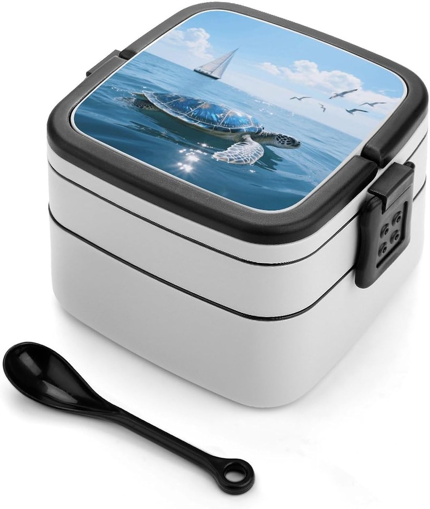 Sea Turtle Bento Box 1000ml Leak Proof Lunch Container with Removable Dividers & Spoon - BPA-Free PP Stackable Lunch Box for Work, Office, Picnic, Travel, Dining Out