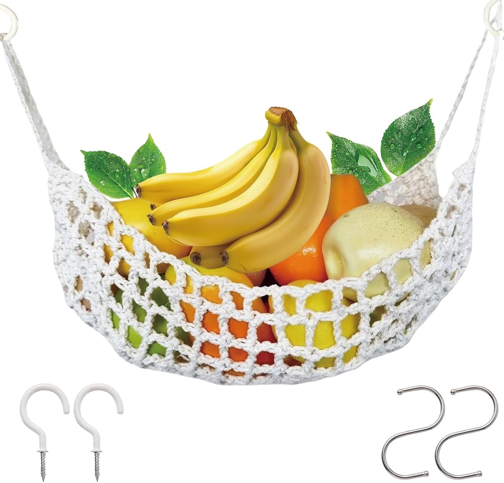 Hanging Fruit Hammock Under Cabinet, 13×16in Macrame Hanging Fruits Basket with 4 Hooks Fruit Net Banana Hammock Hanging Storage Veggie Hanger Basket for Kitchen Home Boat Rv(WHITE)