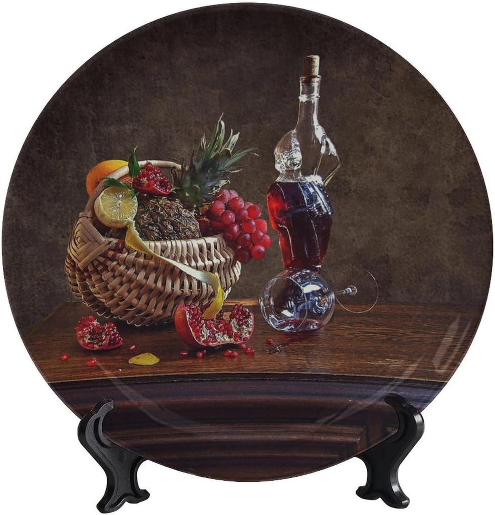 WineDecorative Plate Holder, 10 Inch, Overturned Wine Glass And Pomegranate Round Display Plate, Table Top Plate Decor with Stand, for Kitchen Living Room Office Countertop Decor