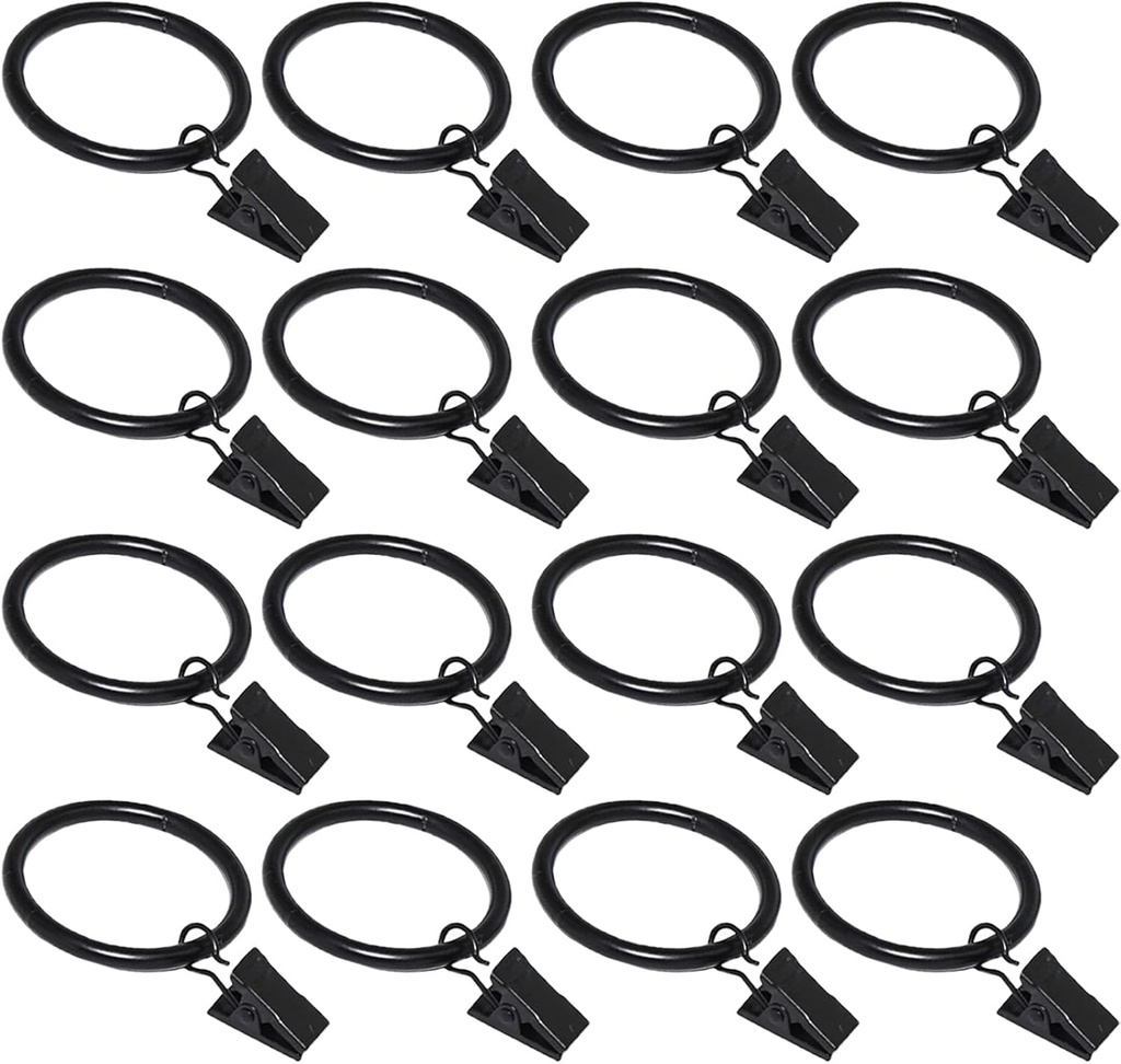 16 Pack Curtain Rings with Clips, Window Clip Rings Black Curtain Hooks Hangers Clip Rings for Hanging Drapery Drapes Bows, Small 1.26 Inch in Diameter, Fits up to 1" Rod