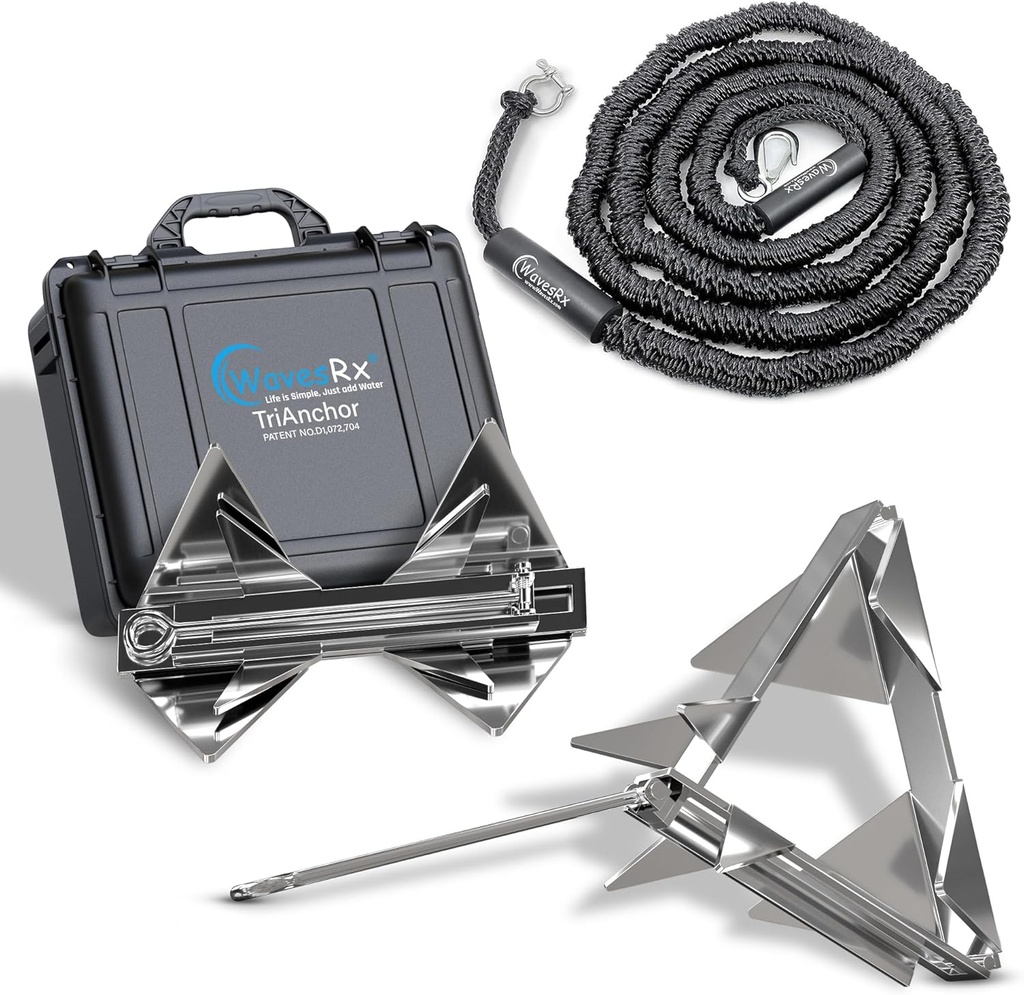 WAVESRX TriAnchor - Stainless Steel Folding PWC & Boat Anchor Kit | Sets Instantly for Effortless Boat & Jet Ski Anchoring | Compact Patent-Pending Design Grips Better Than Plow, Fluke or Box Anchor