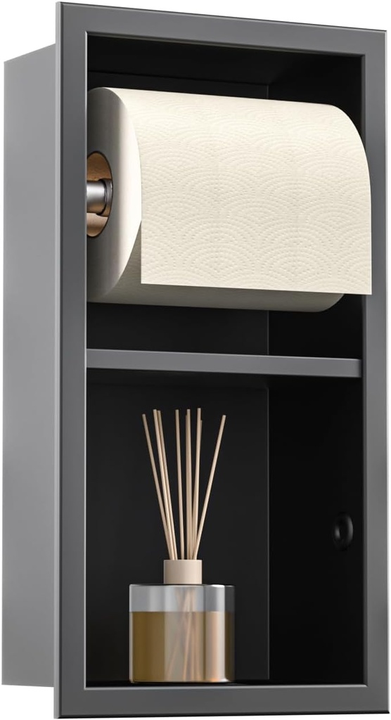 Recessed Toilet Paper Holder, Double Roll Toilet Tissue Holder for Bathroom Remodel, in Wall Toilet Paper Niche Modern Style (Matte Black)