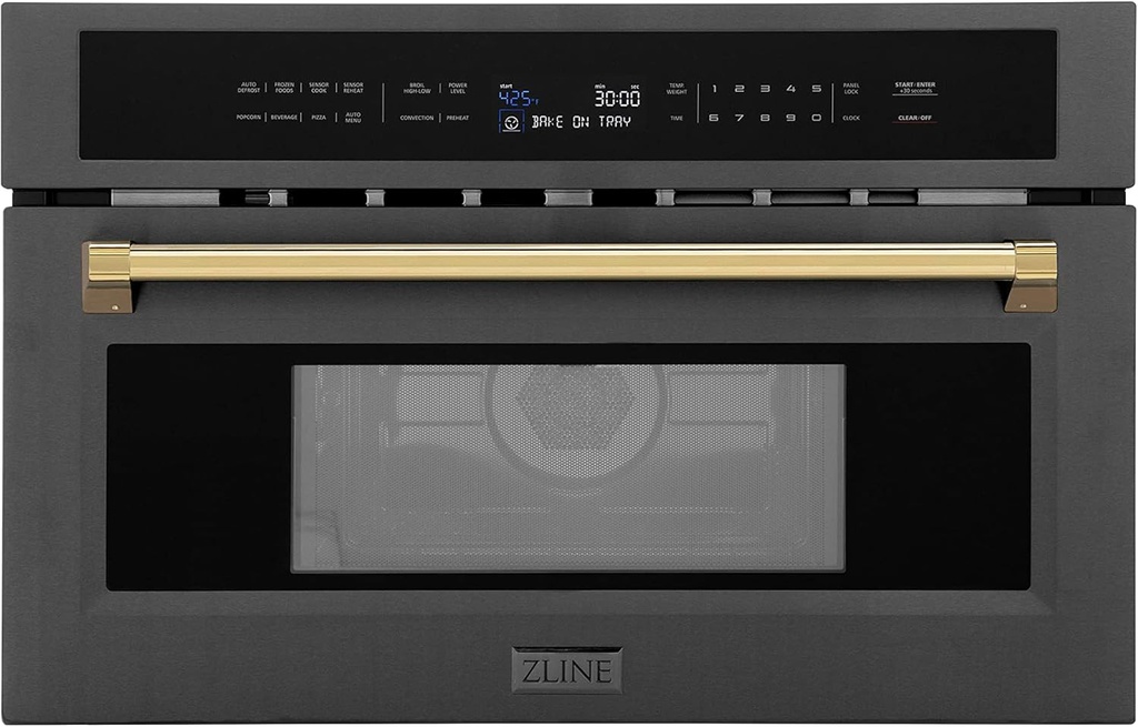 ZLINE Autograph Edition 30” 1.6 cu ft. Built-in Convection Microwave Oven in Black Stainless Steel and Gold Accents