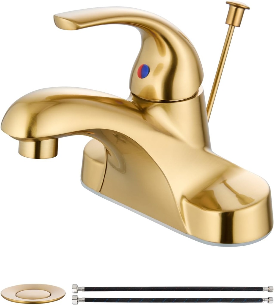 Aolemi Bathroom Faucets Arc 4 Inch Centerset Bathroom Sink Faucet Single Handle Vanity Faucet with Supply Lines,with Lift Rod Drain Assembly,Brushed Gold
