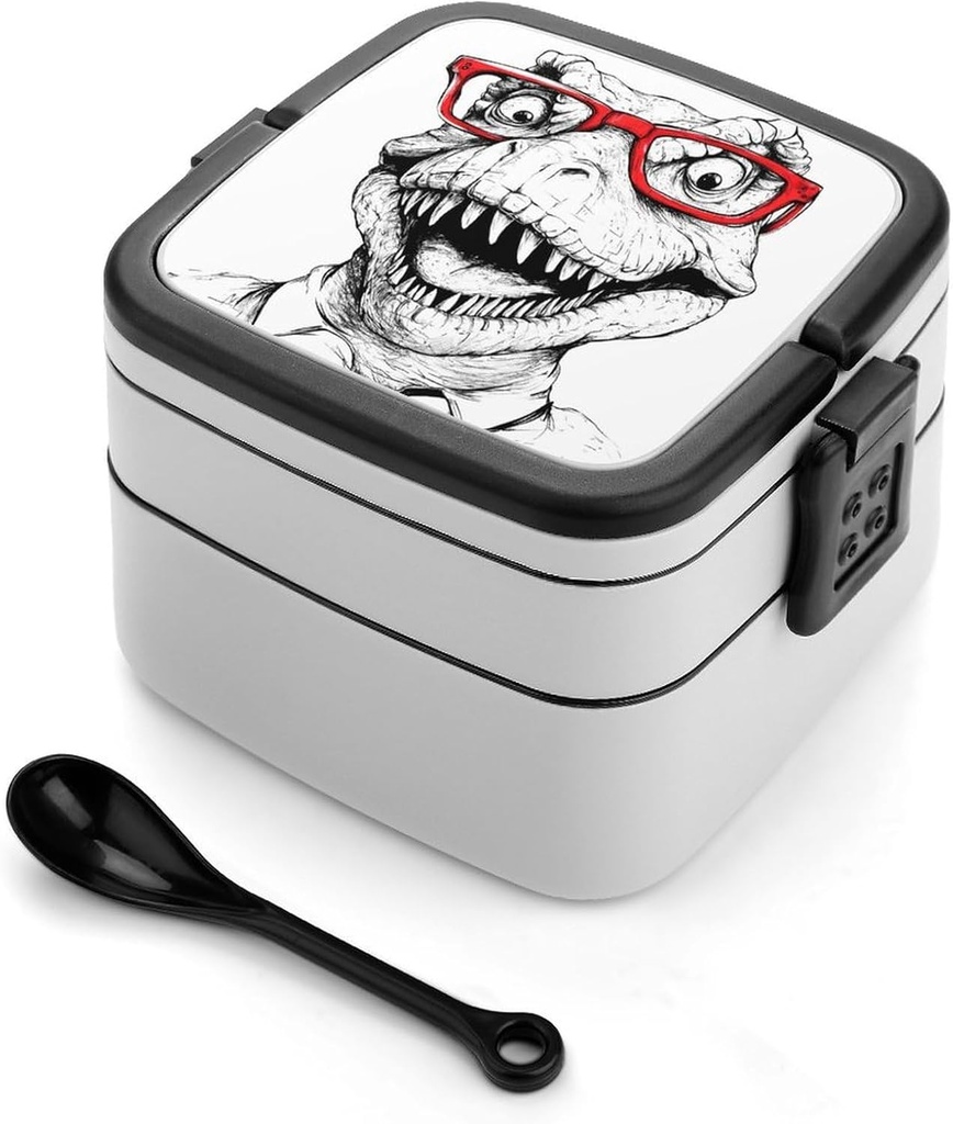 Dinosaur with Red Glasses Lunch Box with Handle Stackable 2 Layer Leak-Proof Bento Box Portable Food Containers for Unisex