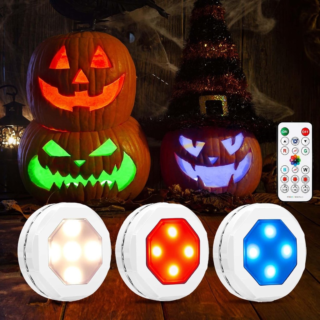 Halloween Lights - RGB Color Changing, Remote Controlled, Battery Operated, Dimmable, Timing, Wireless Jack-O-Lantern Lights (3 Packs)