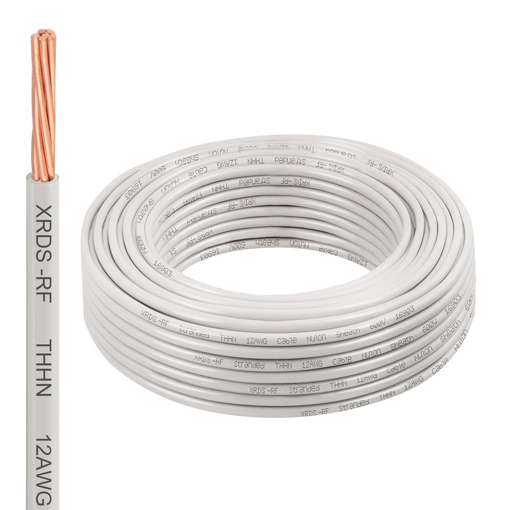 12AWG THHN Wire 50FT – Electrical Building Wire Stranded Bare Copper Conductor with PVC and Nylon Insulation, Heat and Oil Resistant Cable