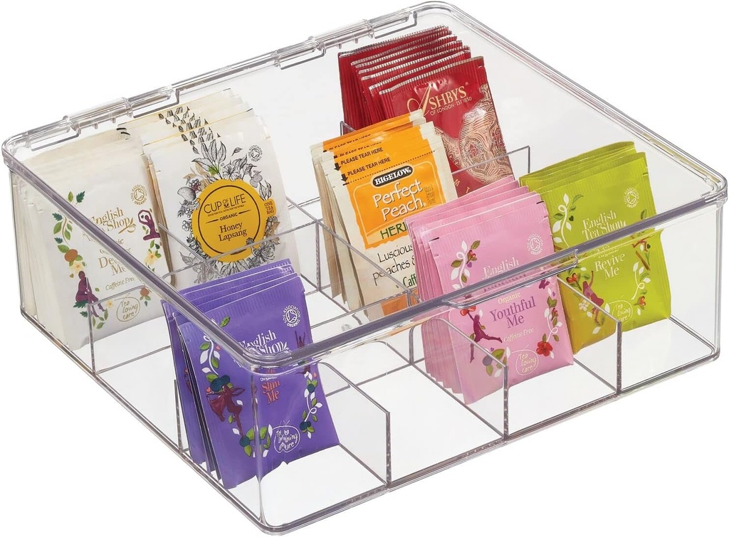 mDesign Plastic Kitchen Organiser — Practical Storage Box with 12 Compartments and Hinged Lid — Pantry Storage Box with Lid for Tea, Coffee, Spices and Other Foodstuffs — Clear