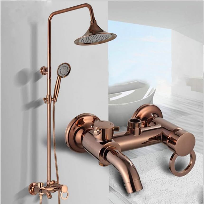 8 Inches Shower System Brass Shower Faucet Set Wall Mounted Multi-Functional Bathroom Shower Combo Set with Shower Head, Handheld Shower, Bathtub Faucet with Ring Handle,Chrome (Rose Gold)