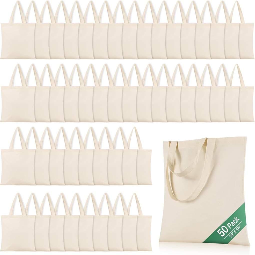 OKBA 50 Pack 15" X 16" Cotton Tote Bags for TieDye,Lightweight Tote Bags Bulk Reusable Grocery ShoppingCloth Bags,Suitable for Crafts, DlY, Painting, Gift, Activity