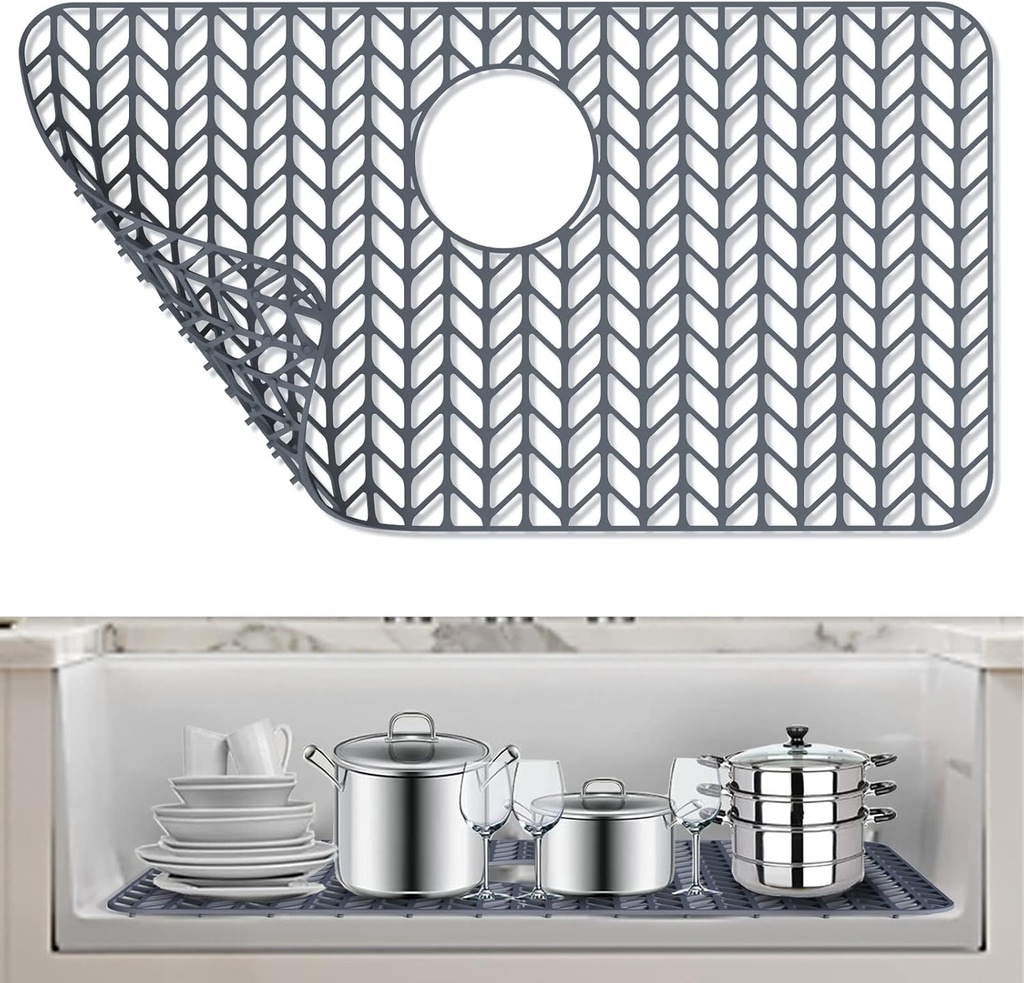 AWOKE Silicone Sink Protectors for Kitchen Sink, 26''x 14'' Folding Non-slip Sink Mat Grid, for Bottom of Farmhouse Stainless Steel Porcelain Sink with Rear Drain (Grey)