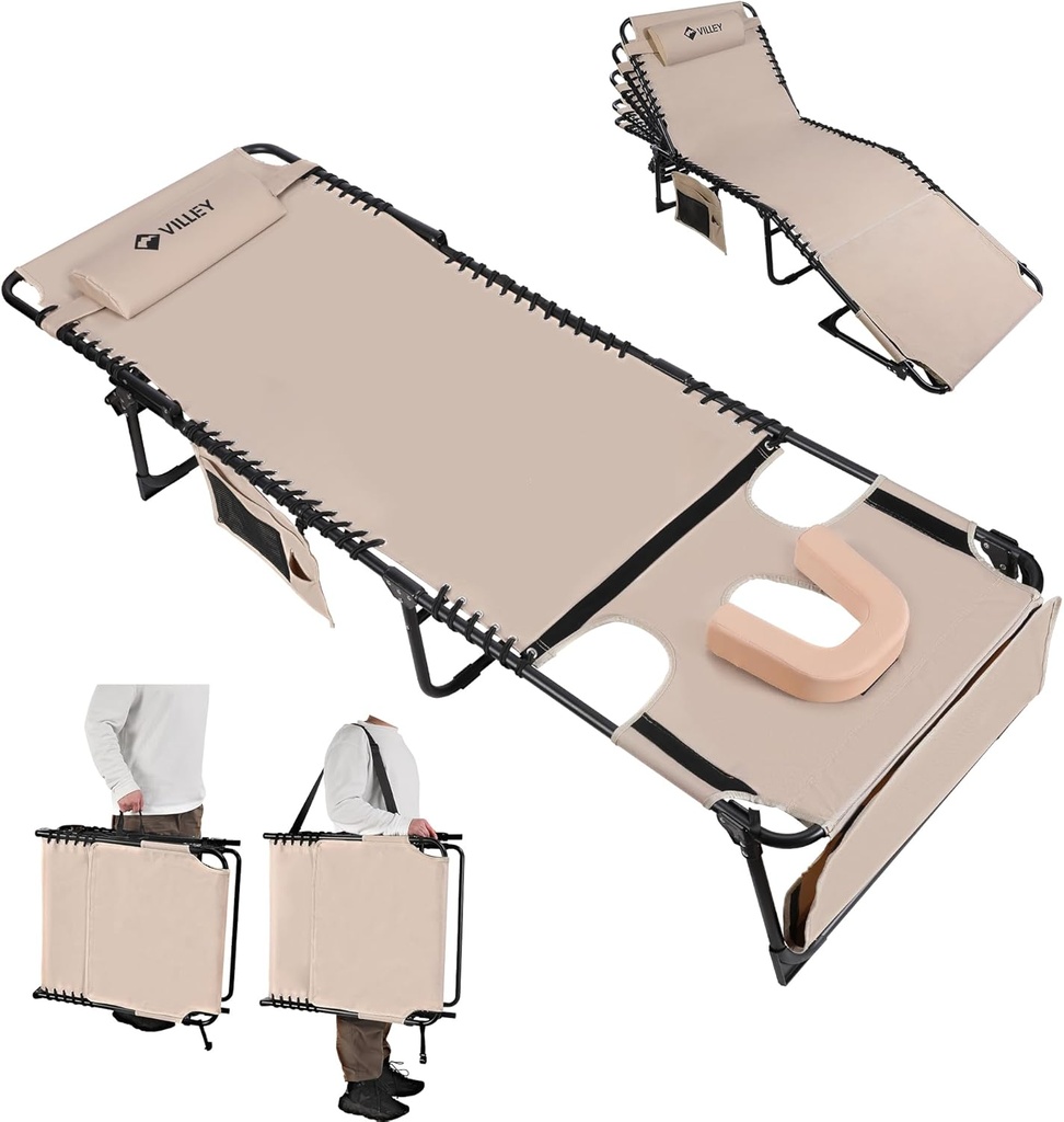 VILLEY Oversized Chaise Lounge Chair with Face Hole, Portable Tanning Chair, Adjustable Reclining Beach Chair, Outdoor Heavy-Duty Folding Sunbathing Chair for Outside Patio Lawn Beach Pool