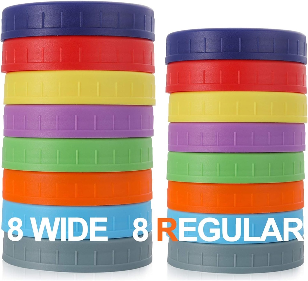 AOZITA 16 Pack Plastic Mason Jar Lids Fits Ball, Kerr & More - 8 Wide Mouth & 8 Regular Mouth - Colored Storage Caps for Canning Jars, Dishwasher Safe & Food Grade & Leakproof