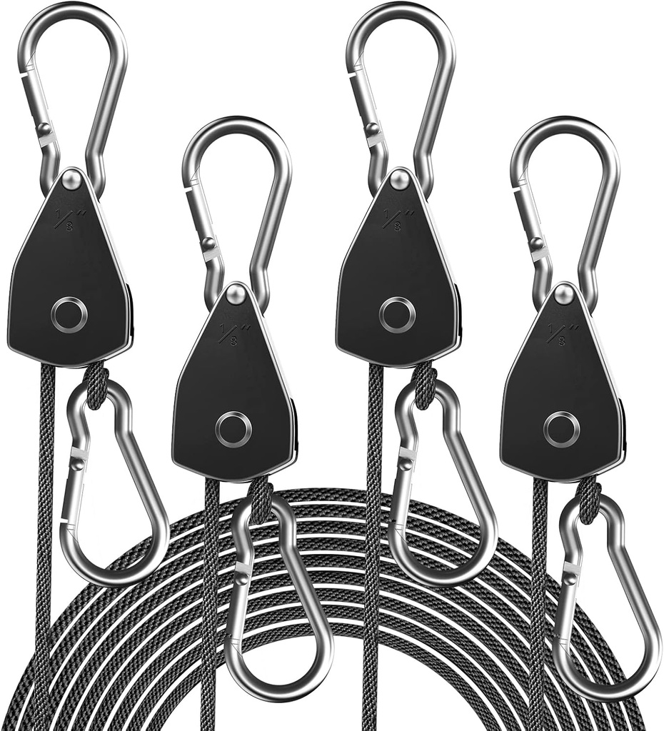 4-Pack 1/8" Adjustable Rope Hanger, Heavy Duty Ratchet Tie Down Strap with Reinforced Metal Gear, Ratcheting Pulley System Kayak Straps for Hanging Plants Grow Light and Various Tie-Down Uses