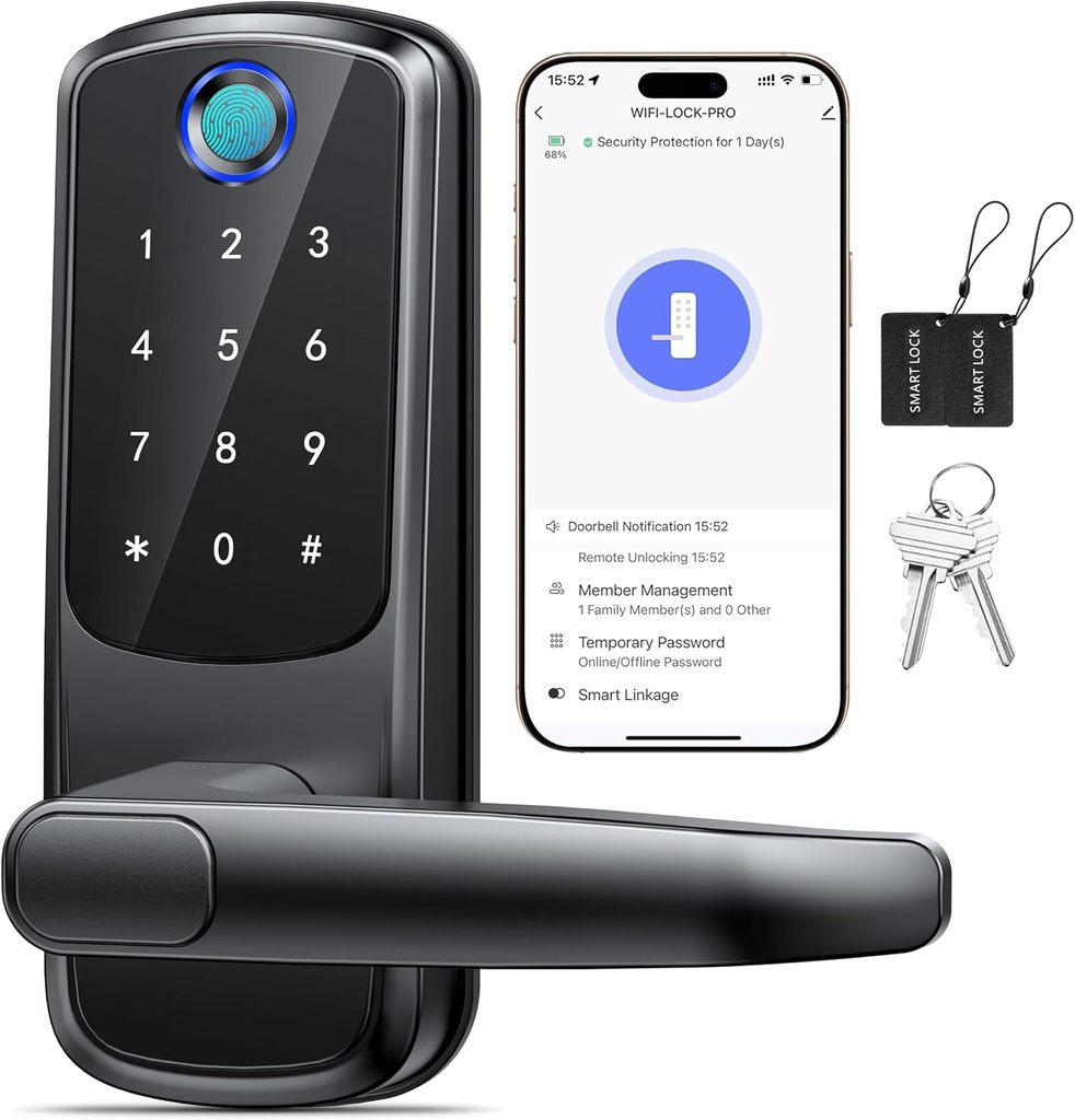Keyless Entry Door Lock with Handle, Built-in WiFi Deadbolt, Smart Fingerprint Security Lock for Front Door, Support Doorbell Call and APP Unlock, Easy Installation, Matte Black